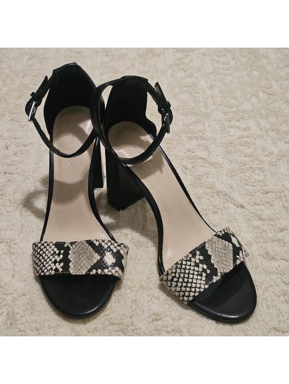 Nine West Black & Snake Skin Round Toe Block Heel Sandals 8 NWOT